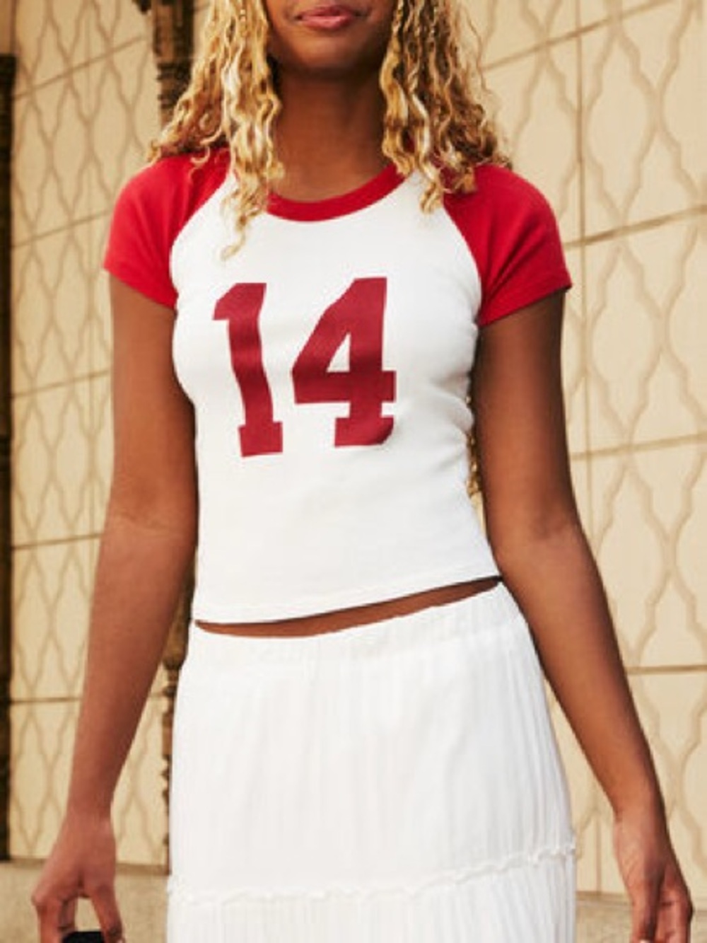 Brandy Melville White Tee with Red Raglan Sleeves & Number 14